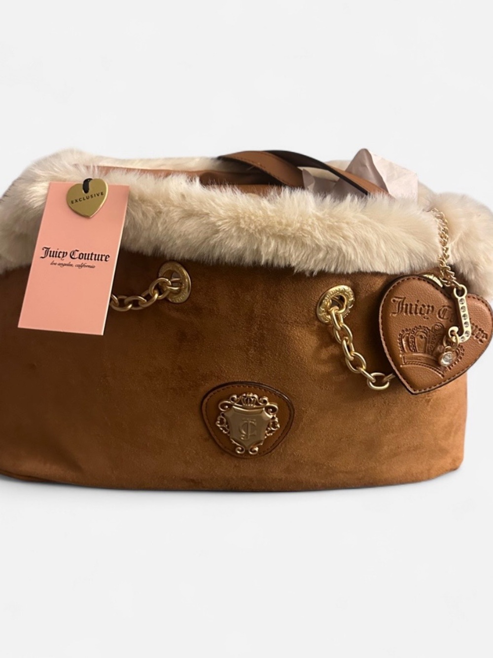 Stunning Juicy Couture Brown Faux Suede Tote with Cream Faux Fur Trim